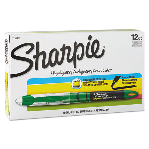Sharpie Liquid Pen Style Highlighters, Fluorescent Green Ink, Chisel Tip, Green-Black-Clear Barrel, Dozen 1754468
