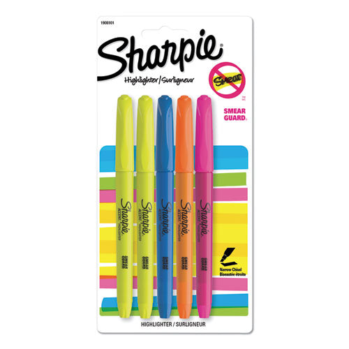 Sharpie Pocket Style Highlighters, Assorted Ink Colors, Chisel Tip, Assorted Barrel Colors, 5-Set 1908101