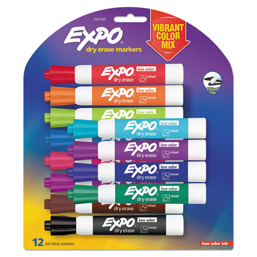 EXPO Low Odor Dry Erase Vibrant Color Markers, Broad Chisel Tip, Assorted Colors, 12-Set 1927525