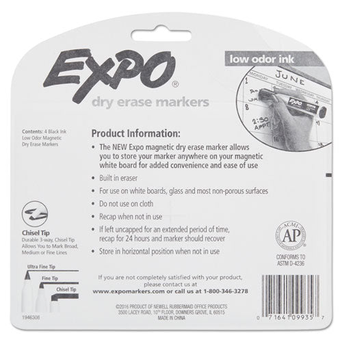 EXPO Magnetic Dry Erase Marker, Broad Chisel Tip, Black, 4-Pack 1944729