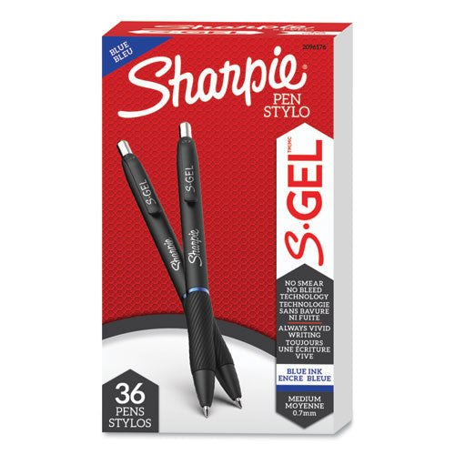 Sharpie S-Gel S-Gel High-Performance Gel Pen, Retractable, Medium 0.7 mm, Blue Ink, Black Barrel, 36-Pack 2096176