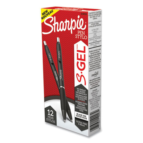 Sharpie S-Gel S-Gel High-Performance Gel Pen, Retractable, Extra-Fine 0.38 mm, Black Ink, Black Barrel, Dozen 2140521