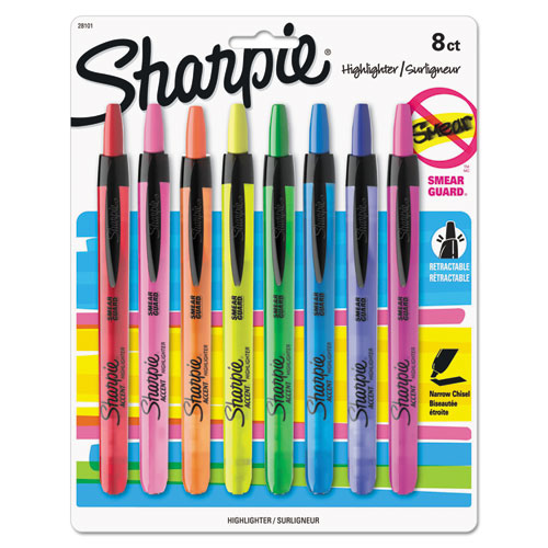 Sharpie Retractable Highlighters with Storage Pouch, Assorted Ink Colors, Chisel Tip, Assorted Barrel Colors, 8-Set 28101