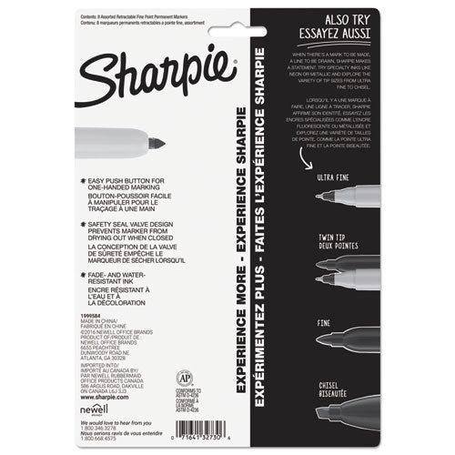 Sharpie Retractable Permanent Marker, Fine Bullet Tip, Assorted Colors, 8-Set 32730PP