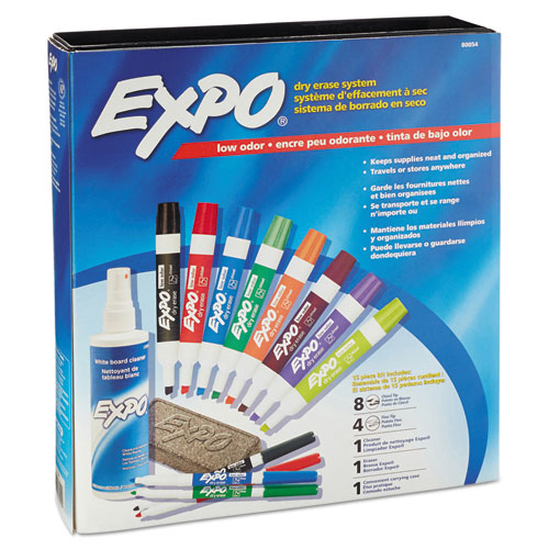 EXPO Low-Odor Dry Erase Marker, Eraser and Cleaner Kit, Medium Assorted Tips, Assorted Colors, 12-Set 80054
