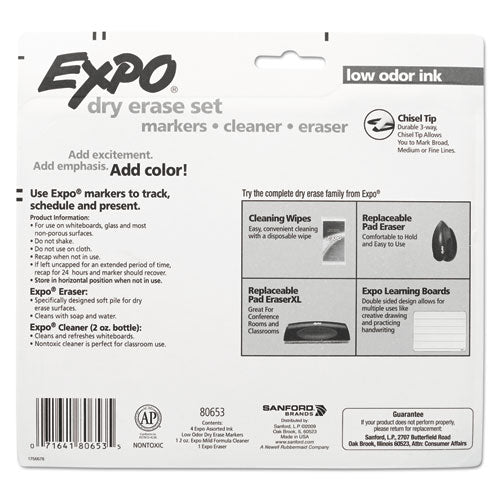 EXPO Low-Odor Dry Erase Marker Starter Set, Broad Chisel Tip, Assorted Colors, 4-Set 80653