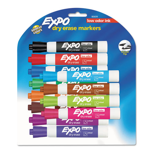 EXPO Low-Odor Dry-Erase Marker, Broad Chisel Tip, Assorted Colors, 12-Set 80699