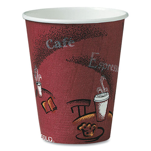 Dart Solo Paper Hot Drink Cups in Bistro Design, 8 oz, Maroon, 50-Bag, 20 Bags-Carton 378SI-0041