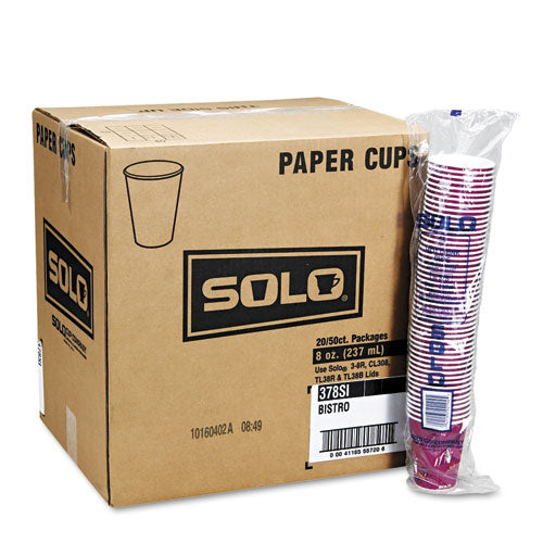 Dart Solo Paper Hot Drink Cups in Bistro Design, 8 oz, Maroon, 50-Bag, 20 Bags-Carton 378SI-0041