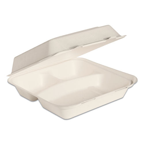 Dart Bare by Solo Eco-Forward Bagasse Hinged Lid Containers, 3-Compartment, 9.6 x 9.4 x 3.2, Ivory, 200-Carton HC9CSC-2050