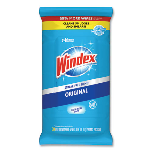 Windex Glass and Surface Wet Wipe, Cloth, 7 x 8, 38-Pack, 12 Packs-Carton 00019800002961