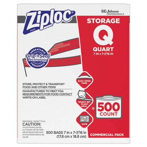 Ziploc Double Zipper Storage Bags, 1 qt, 1.75 mil, 7" x 7.75", Clear, 500-Box 682256