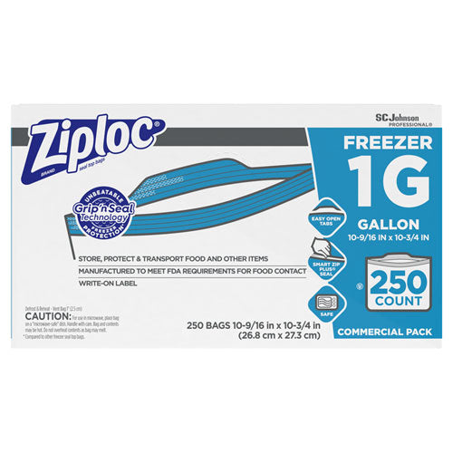 Ziploc Double Zipper Freezer Bags, 1 gal, 2.7 mil, 10.56" x 10.75", Clear, 250-Carton 682258