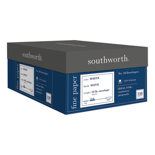 Southworth 25% Cotton #10 Business Envelope, #10, Commercial Flap, Gummed Closure, 4.13 x 9.5, White, 250-Box J404-10