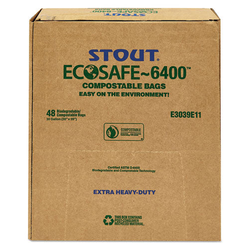 Stout by Envision EcoSafe-6400 Bags, 30 gal, 1.1 mil, 30" x 39", Green, 48-Box E3039E11