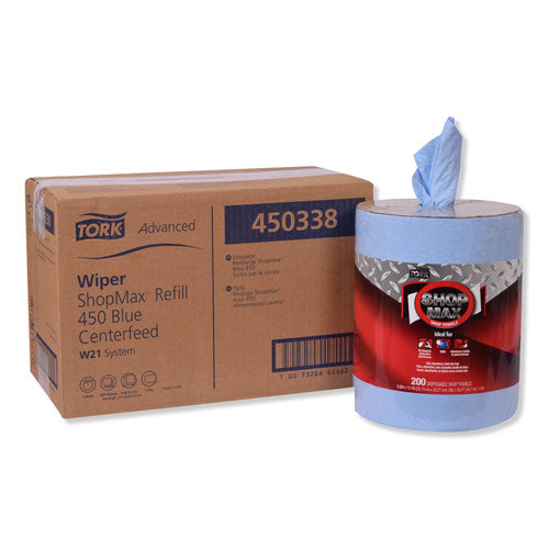 Tork Advanced ShopMax Wiper 450, Centerfeed Refill, 9.9x13.1, Blue, 200-Roll, 2 Rolls-Carton 450338