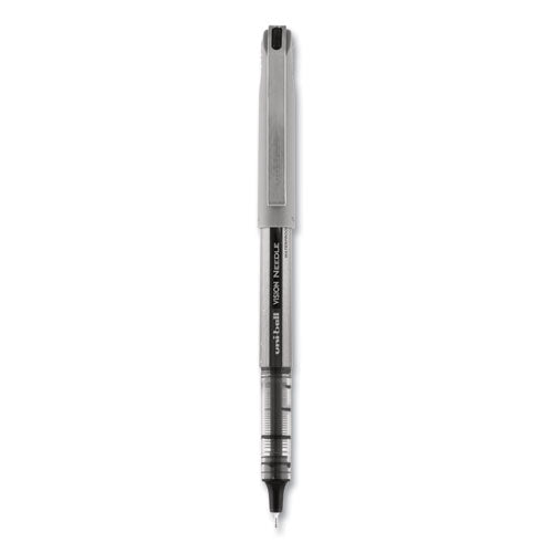 Uni-ball VISION Needle Roller Ball Pen, Stick, Fine 0.7 mm, Black Ink, Silver Barrel, Dozen 1734903