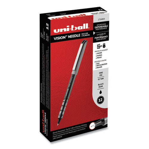 Uni-ball VISION Needle Roller Ball Pen, Stick, Fine 0.7 mm, Black Ink, Silver Barrel, Dozen 1734903