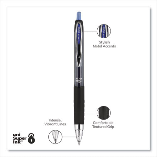 Uni-ball Signo 207 Gel Pen, Retractable, Bold 1 mm, Blue Ink, Black-Blue Barrel, Dozen 1790896