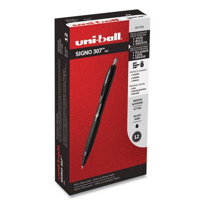 Uni-ball 307 Gel Pen, Retractable, Medium 0.7 mm, Black Ink, Black Barrel, Dozen 1927258