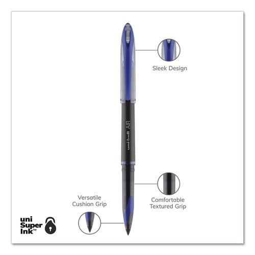 Uni-ball AIR Porous Roller Ball Pen, Stick, Medium 0.7 mm, Blue Ink, Black Barrel, Dozen 1927701