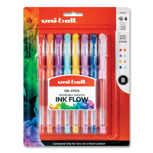 Uni-ball Gel Pen, Stick, Micro 0.38 mm, Assorted Ink Colors, Clear Barrel, 8-Pack 2004052