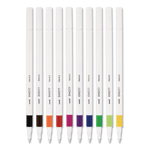 Uni-ball EMOTT Porous Point Pen, Stick, Fine 0.4 mm, Assorted Ink Colors, White Barrel, 10-Pack 24836