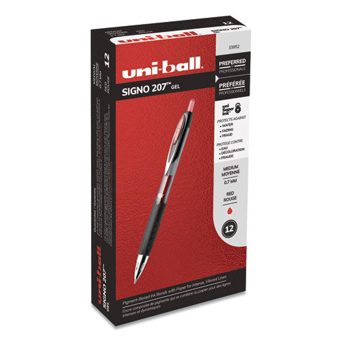 Uni-ball Signo 207 Gel Pen, Retractable, Medium 0.7 mm, Red Ink, Smoke-Black-Red Barrel, Dozen 33952