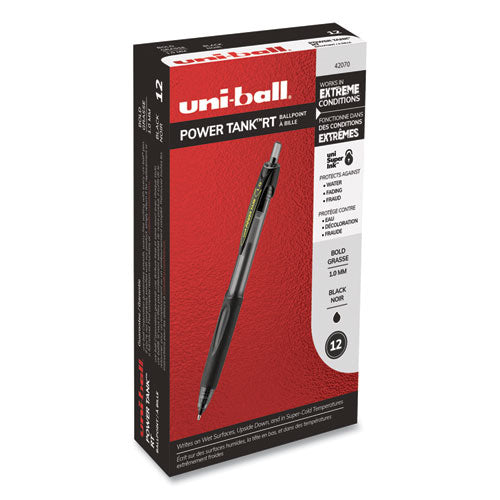 Uni-ball Power Tank RT Ballpoint Pen, Retractable, Bold 1 mm, Black Ink, Smoke-Black Barrel, Dozen 42070