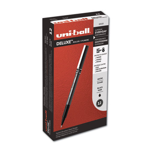 Uni-ball Deluxe Roller Ball Pen, Stick, Micro 0.5 mm, Black Ink, Metallic Gray Barrel, Dozen 60025
