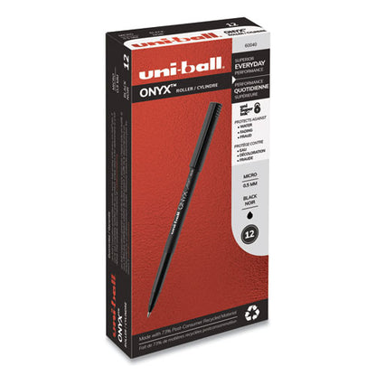 Uni-ball ONYX Roller Ball Pen, Stick, Micro 0.5 mm, Black Ink, Black Matte Barrel, Dozen 60040