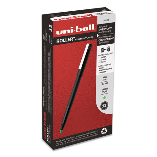 Uni-ball Roller Ball Pen, Stick, Fine 0.7 mm, Green Ink, Black Matte Barrel, Dozen 60104