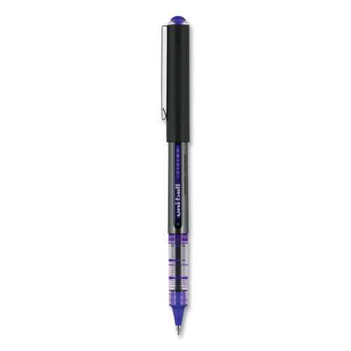Uni-ball VISION Roller Ball Pen, Stick, Micro 0.5 mm, Blue Ink, Blue-Gray Barrel, Dozen 60108