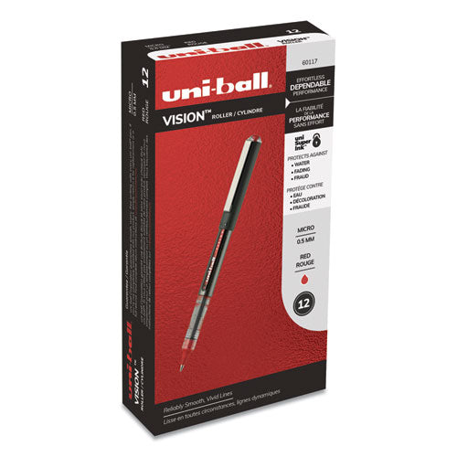 Uni-ball VISION Roller Ball Pen, Stick, Micro 0.5 mm, Red Ink, Gray-Red Barrel, Dozen 60117