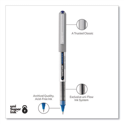 Uni-ball VISION Roller Ball Pen, Stick, Fine 0.7 mm, Blue Ink, Blue-Gray Barrel, Dozen 60134