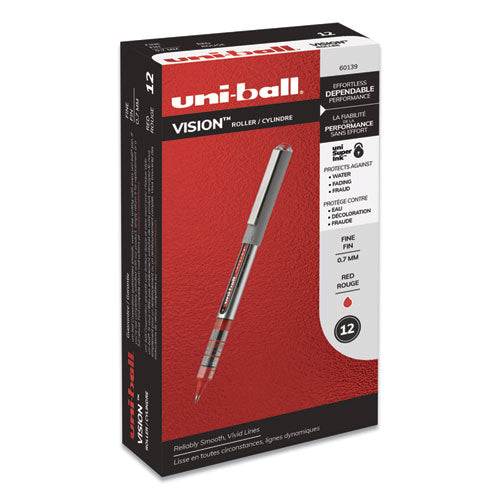 Uni-ball VISION Roller Ball Pen, Stick, Fine 0.7 mm, Red Ink, Gray-Red Barrel, Dozen 60139