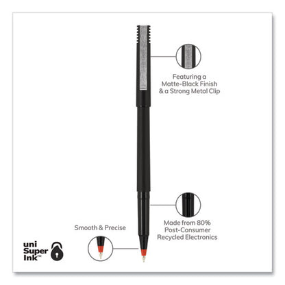 Uni-ball Roller Ball Pen, Stick, Micro 0.5 mm, Red Ink, Black Matte Barrel, Dozen 60152