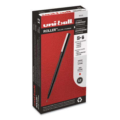 Uni-ball Roller Ball Pen, Stick, Micro 0.5 mm, Red Ink, Black Matte Barrel, Dozen 60152