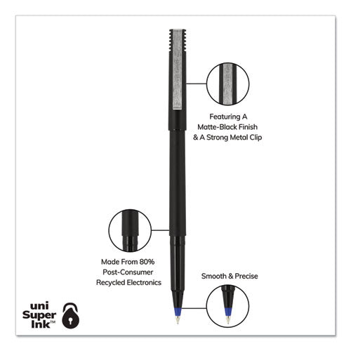 Uni-ball Roller Ball Pen, Stick, Micro 0.5 mm, Blue Ink, Black Matte Barrel, Dozen 60153