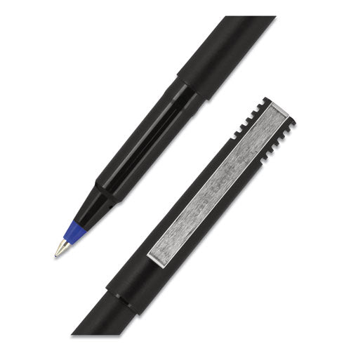 Uni-ball Roller Ball Pen, Stick, Micro 0.5 mm, Blue Ink, Black Matte Barrel, Dozen 60153