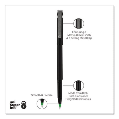 Uni-ball Roller Ball Pen, Stick, Micro 0.5 mm, Green Ink, Black Matte Barrel, Dozen 60154