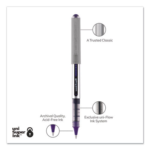 Uni-ball VISION Roller Ball Pen, Stick, Fine 0.7 mm, Majestic Purple Ink, Gray Barrel, Dozen 60382