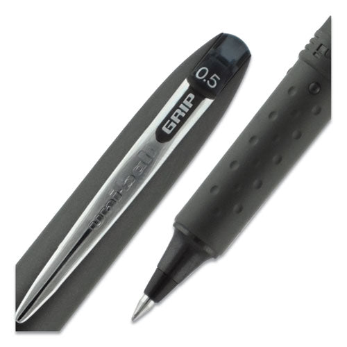 Uni-ball Grip Roller Ball Pen, Stick, Micro 0.5 mm, Black Ink, Black Barrel, Dozen 60704