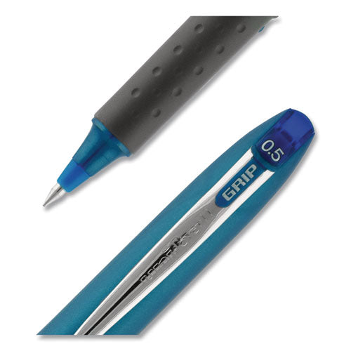 Uni-ball Grip Roller Ball Pen, Stick, Micro 0.5 mm, Blue Ink, Blue Barrel, Dozen 60705