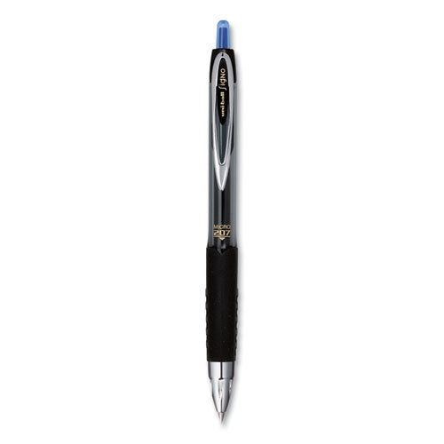 Uni-ball Signo 207 Gel Pen, Retractable, Micro 0.5 mm, Blue Ink, Smoke-Black-Blue Barrel, Dozen 61256