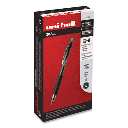 Uni-ball Signo 207 Gel Pen, Retractable, Micro 0.5 mm, Blue Ink, Smoke-Black-Blue Barrel, Dozen 61256