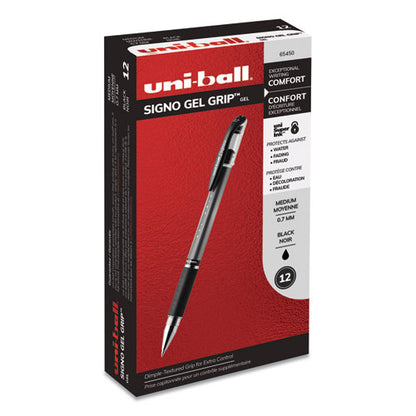 Uni-ball Signo GRIP Gel Pen, Stick, Medium 0.7 mm, Black Ink, Silver-Black Barrel, Dozen 65450