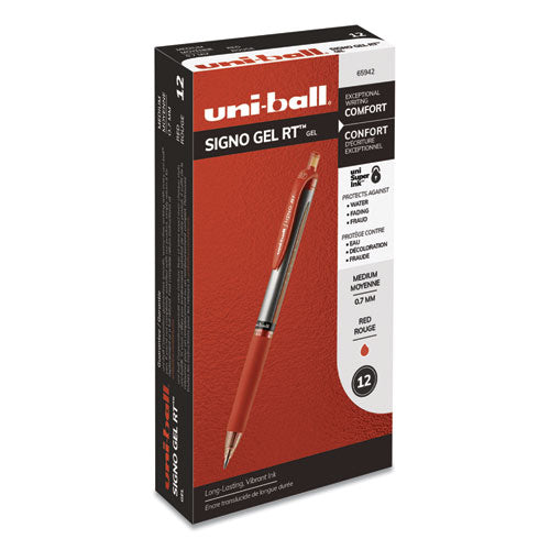 Uni-ball Signo Gel Pen, Retractable, Medium 0.7 mm, Red Ink, Red-Metallic Accents Barrel, Dozen 65942