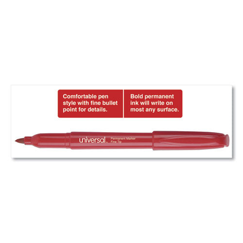 Universal Pen-Style Permanent Marker, Fine Bullet Tip, Red, Dozen UNV07072