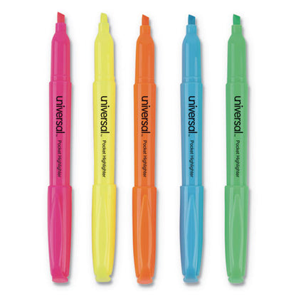 Universal Pocket Highlighters, Assorted Ink Colors, Chisel Tip, Assorted Barrel Colors, 5-Set UNV08850